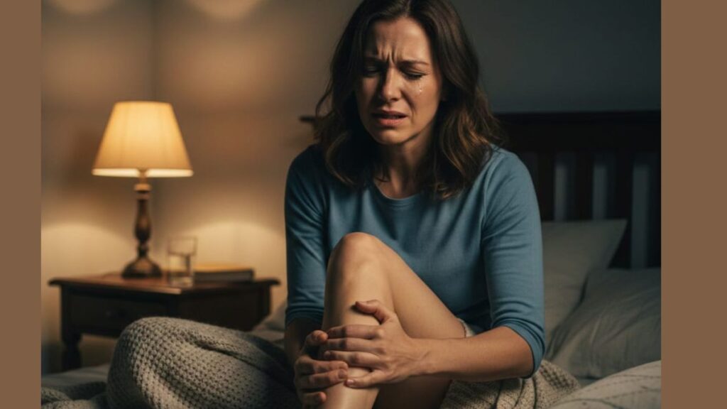 Leg cramps in calf muscle at night causing pain and discomfort.