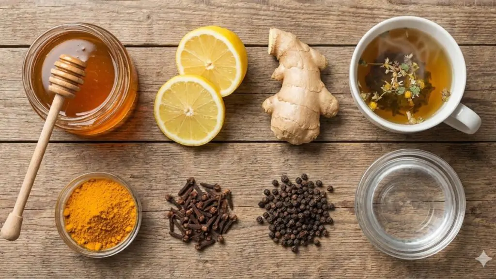 Natural ingredients for sore throat home remedies including honey, ginger, lemon, turmeric, and herbal tea