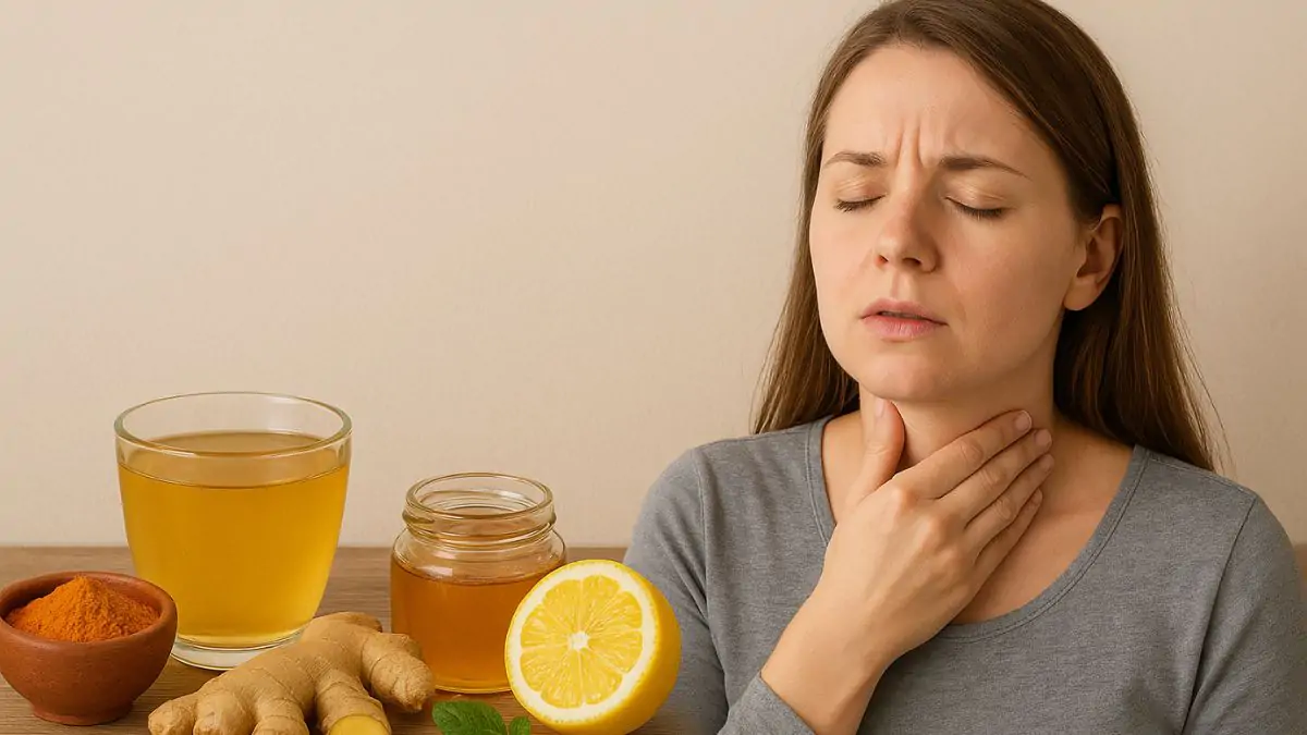 Woman holding her throat with natural home remedies like honey, ginger, lemon, and turmeric for sore throat relief
